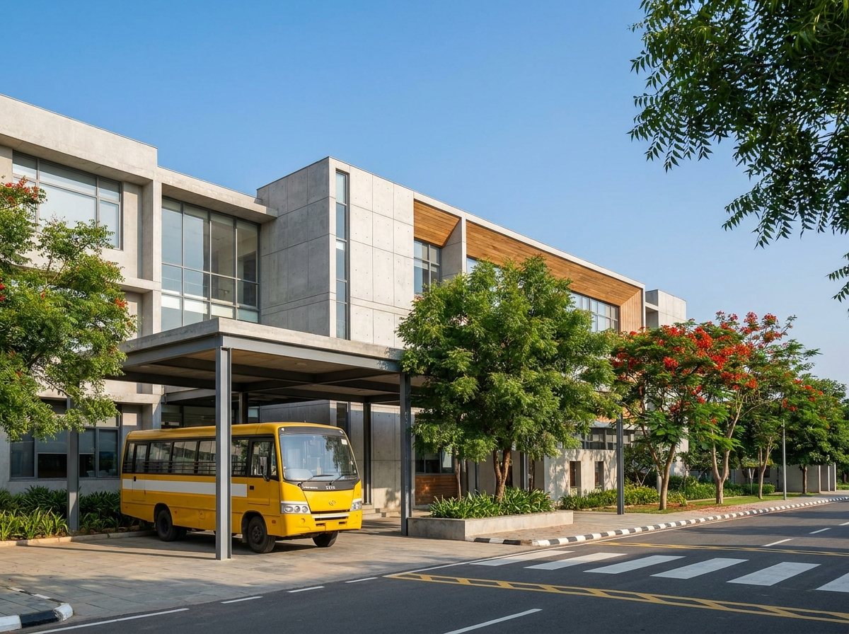 A modern Indian school building with a yellow bus parked under the porch