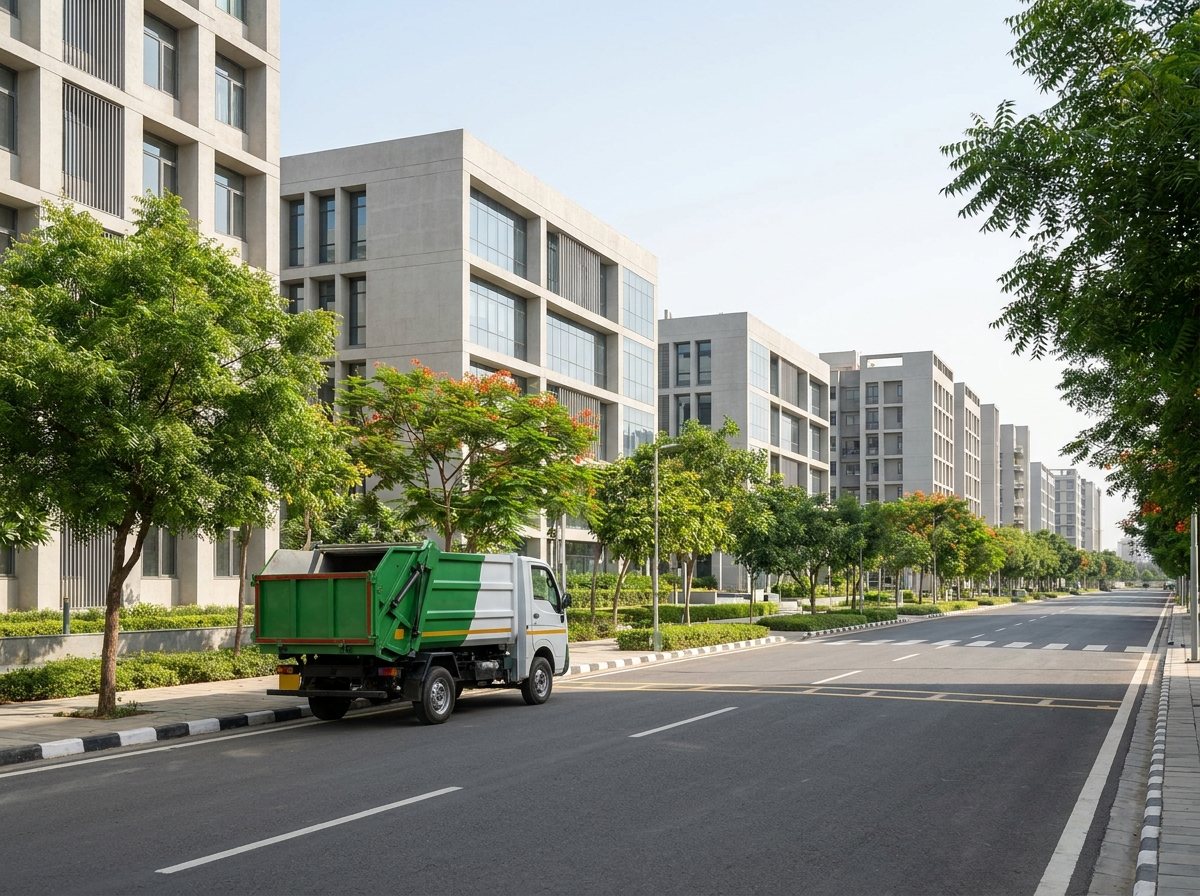 A municipal waste collection vehicle on a clean modern city street