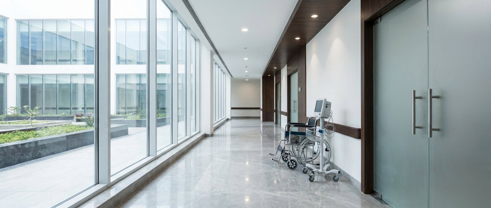 A modern hospital corridor with a wheelchair and a monitor trolley parked along the wall
