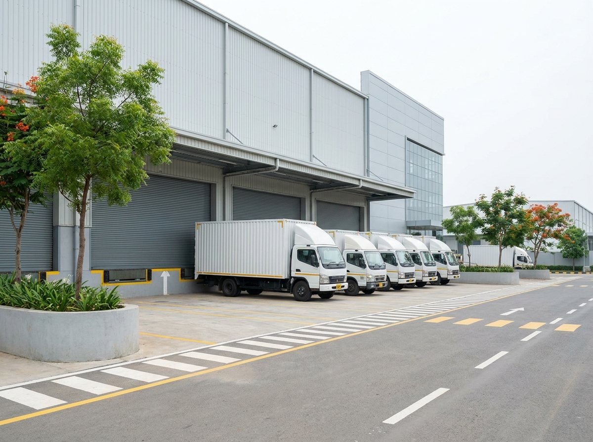 A row of clean delivery trucks at loading bays in a logistics yard