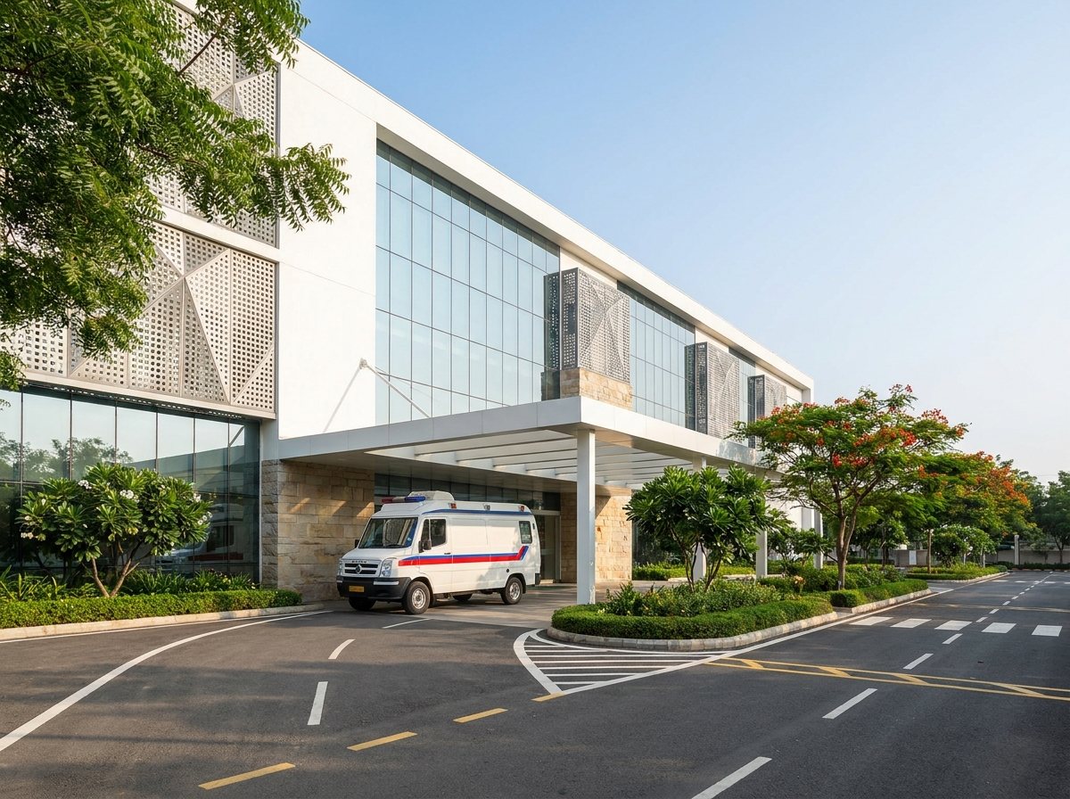 A modern Indian hospital with a white ambulance at the covered porch